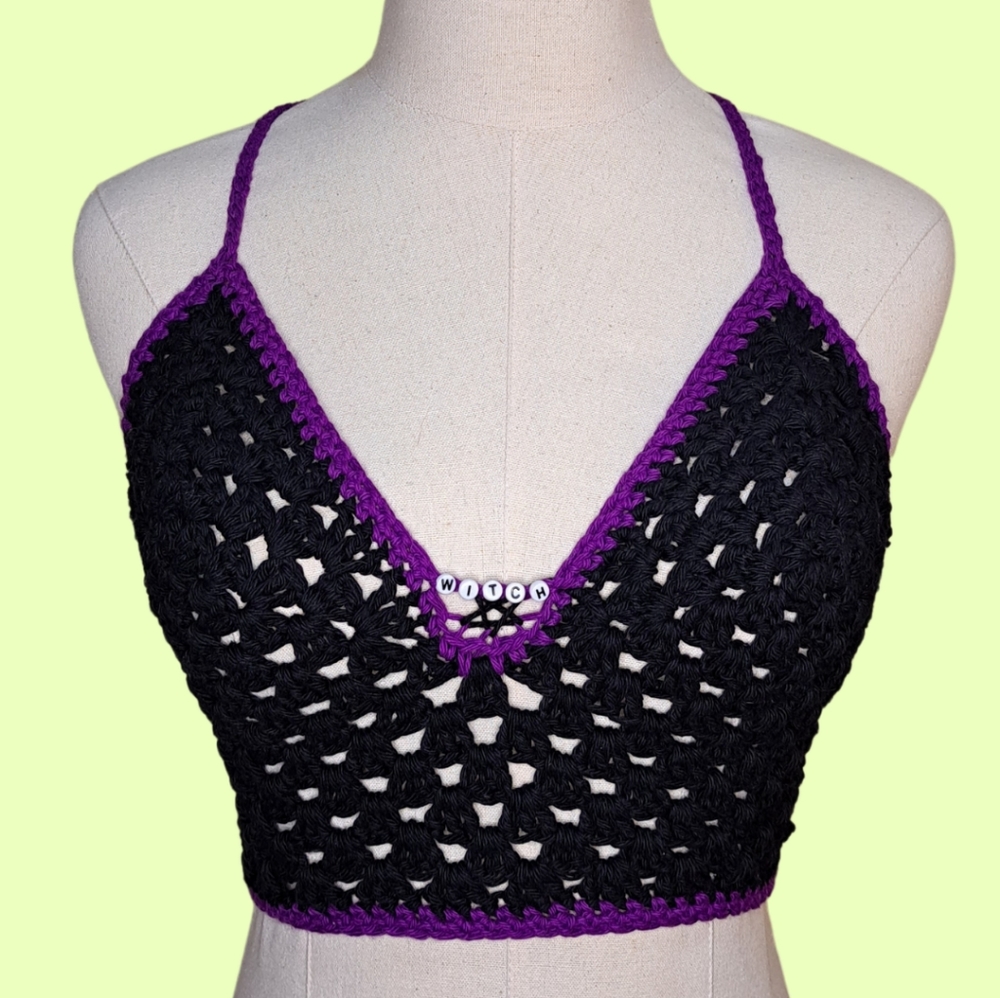Handmade witch crochet crop top with beaded "witch" keyhole pentacle
